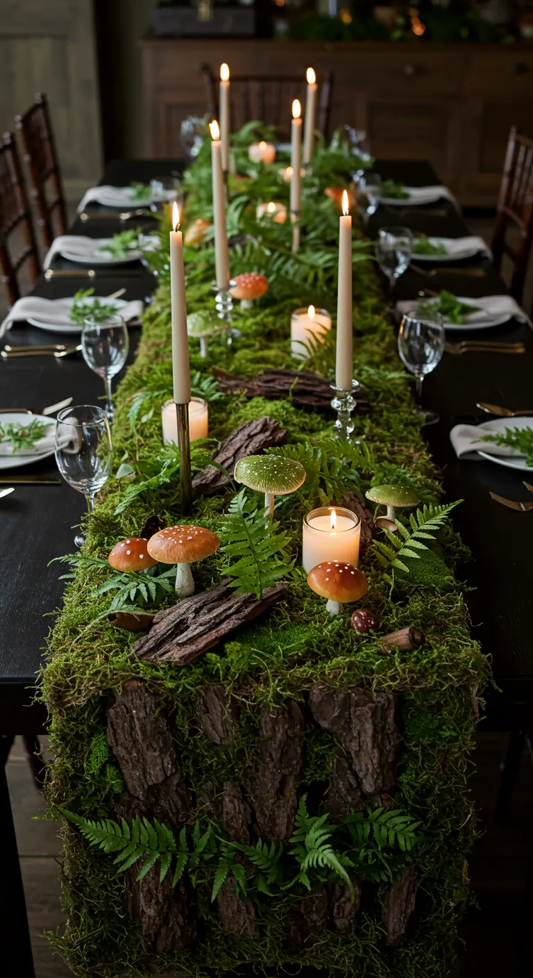 A dramatic table runner made of moss, bark, ferns, and faux mushrooms.