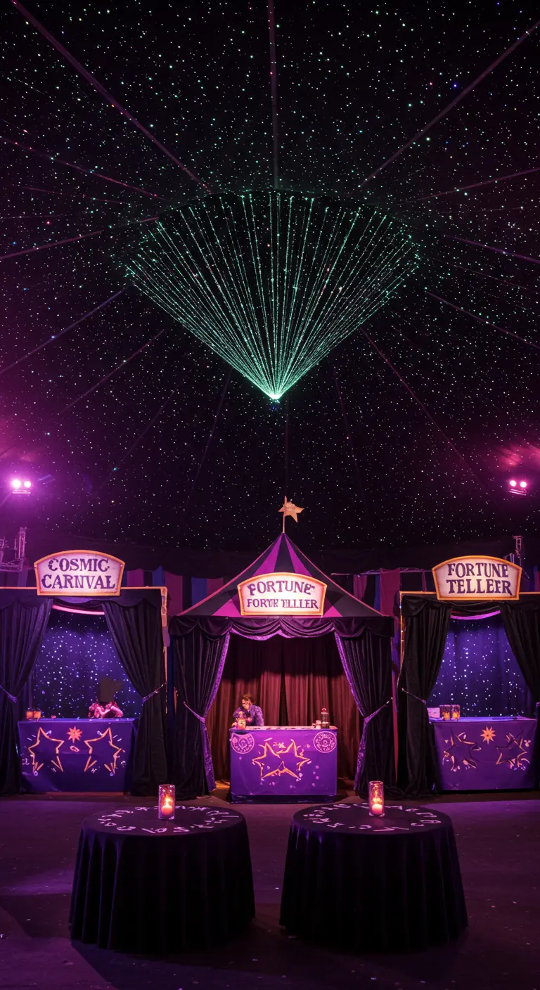 A cosmic carnival with fortune teller booths under a ceiling of projected stars.