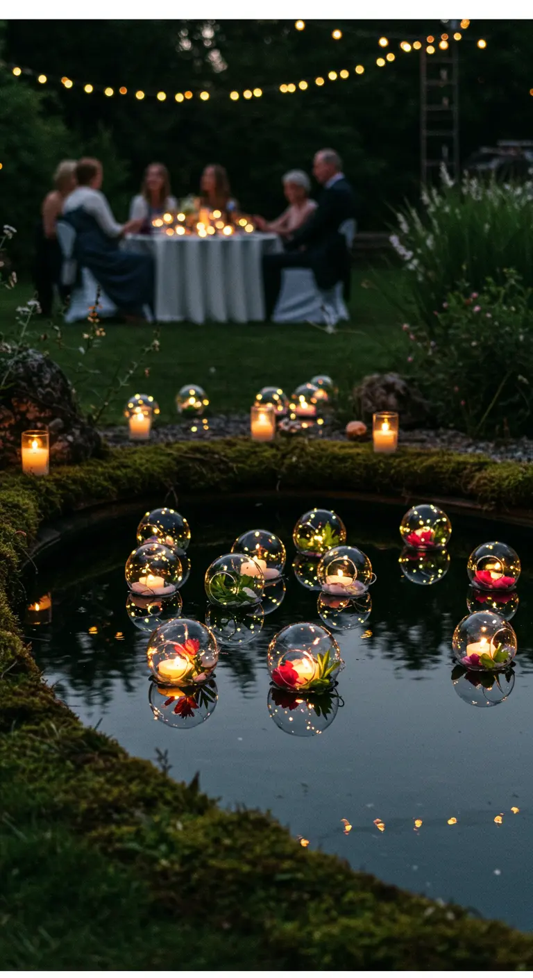 Glass globes with candles and flowers floating in a pond at night.