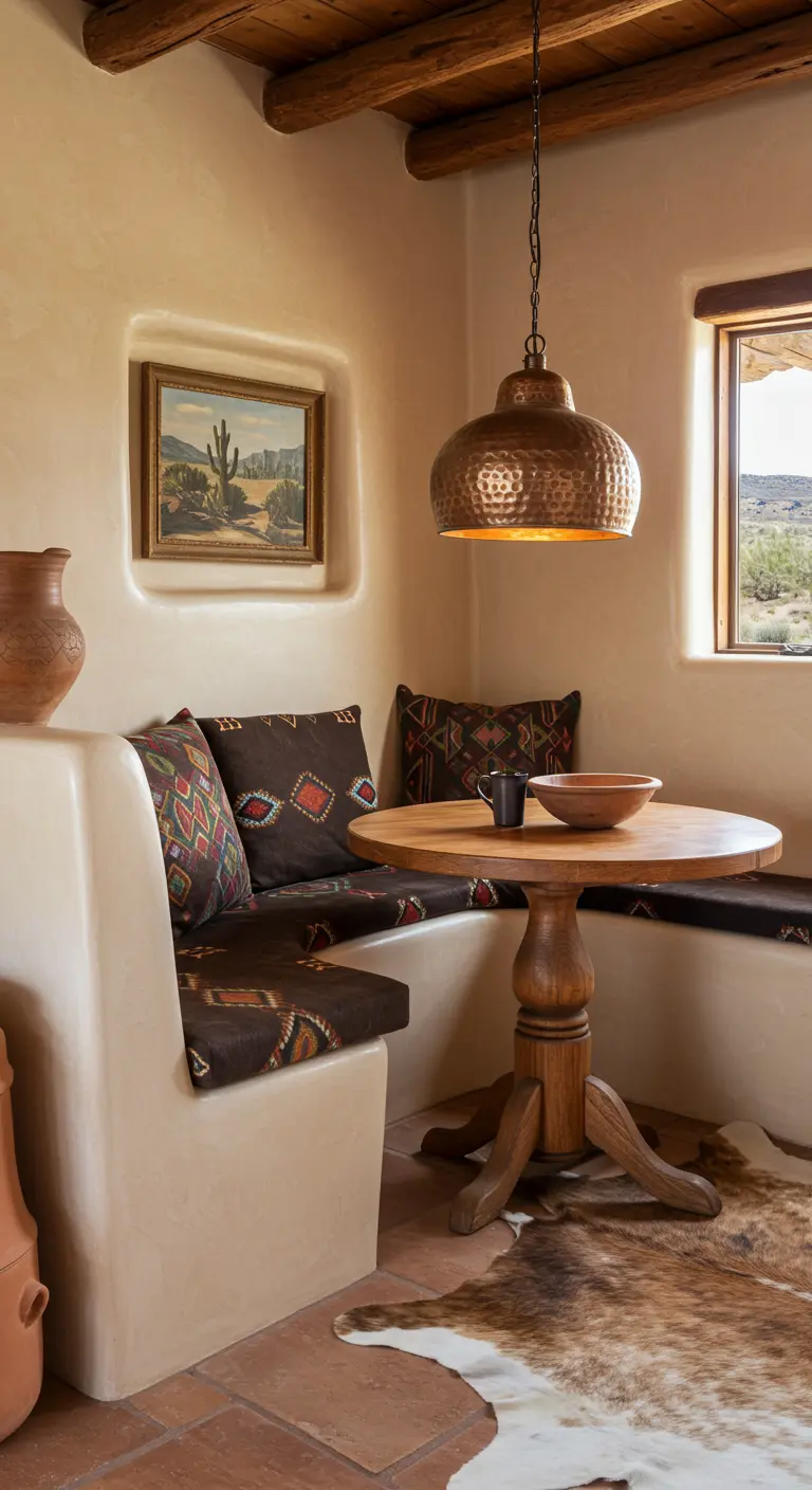 A Southwestern dining nook with a built-in adobe banquette and a copper pendant light.