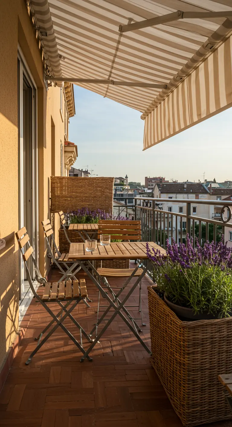 A balcony with a wood-and-metal bistro set and large woven wicker planters.