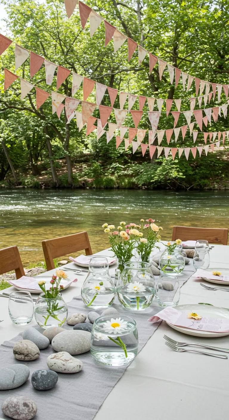 Riverside party table decorated with pink and white fabric bunting.