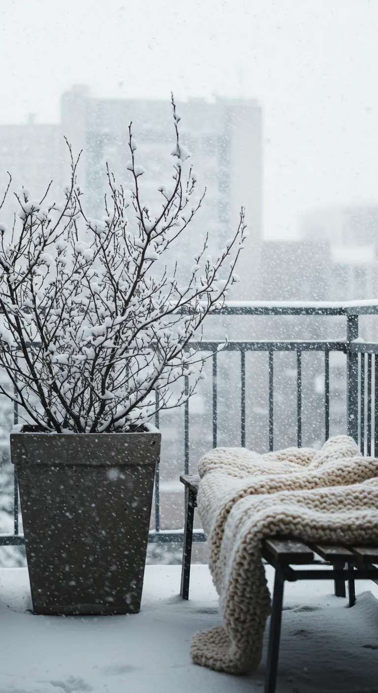 Close-up of snow-covered branches in a modern planter during a snowfall.