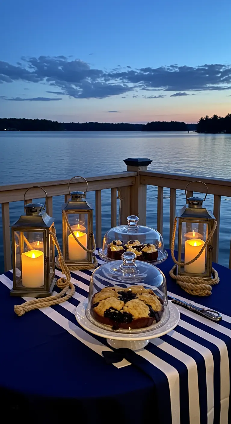 A lakeside table with a navy and white striped cloth, rope lanterns, and blueberry desserts.