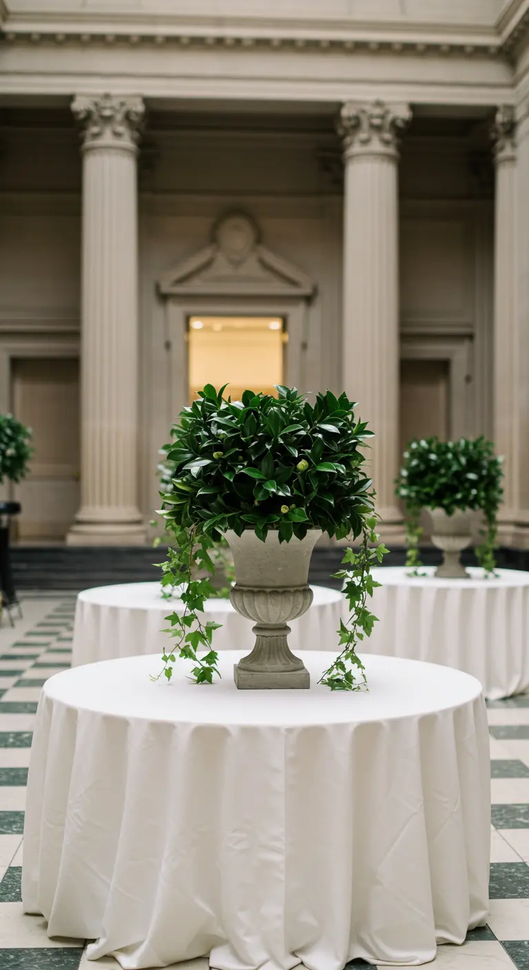 A classic concrete urn on a round table in a grand hall, filled with overflowing greenery.