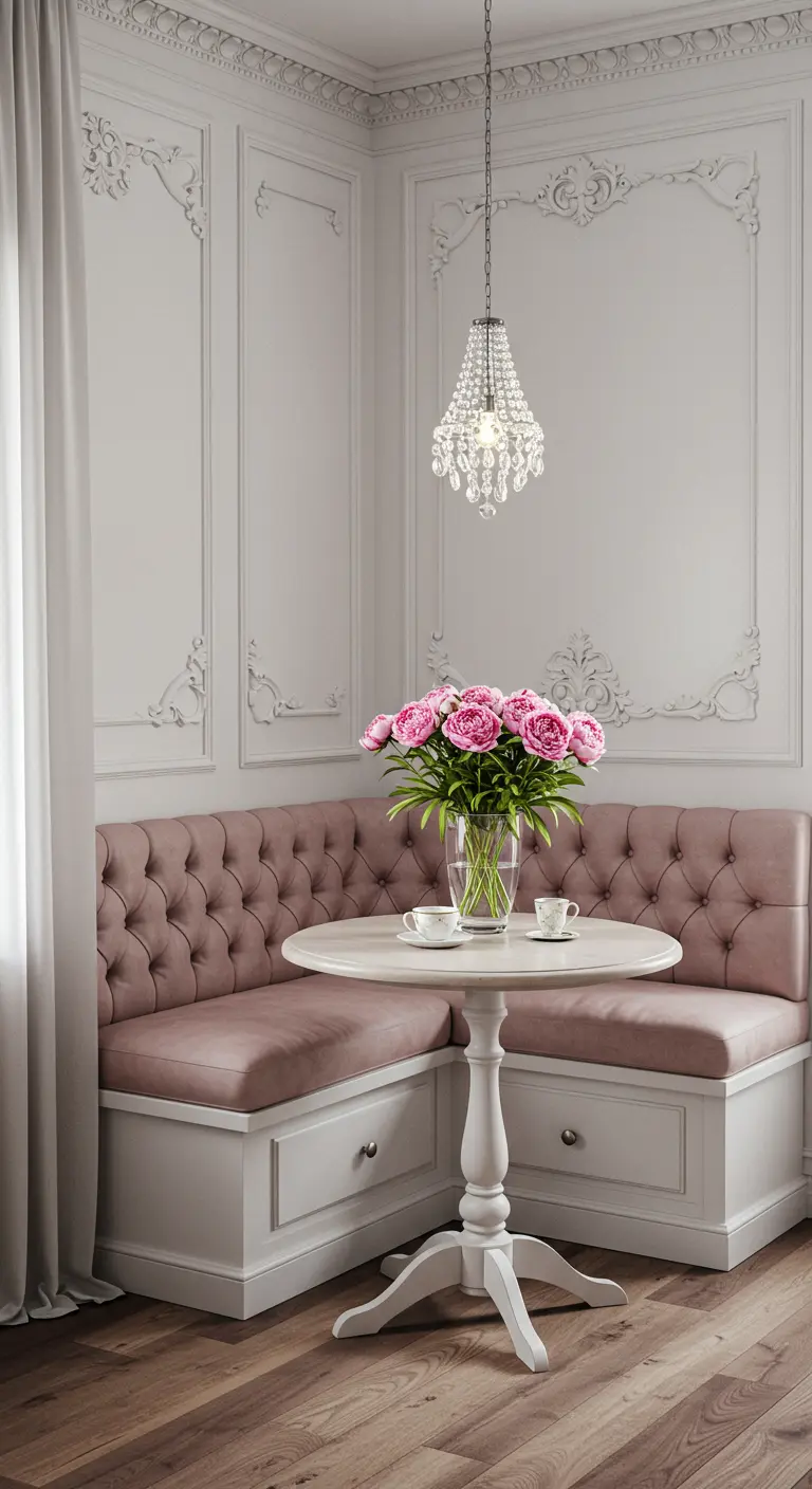 An elegant dining corner with a dusty rose tufted banquette and wall mouldings.