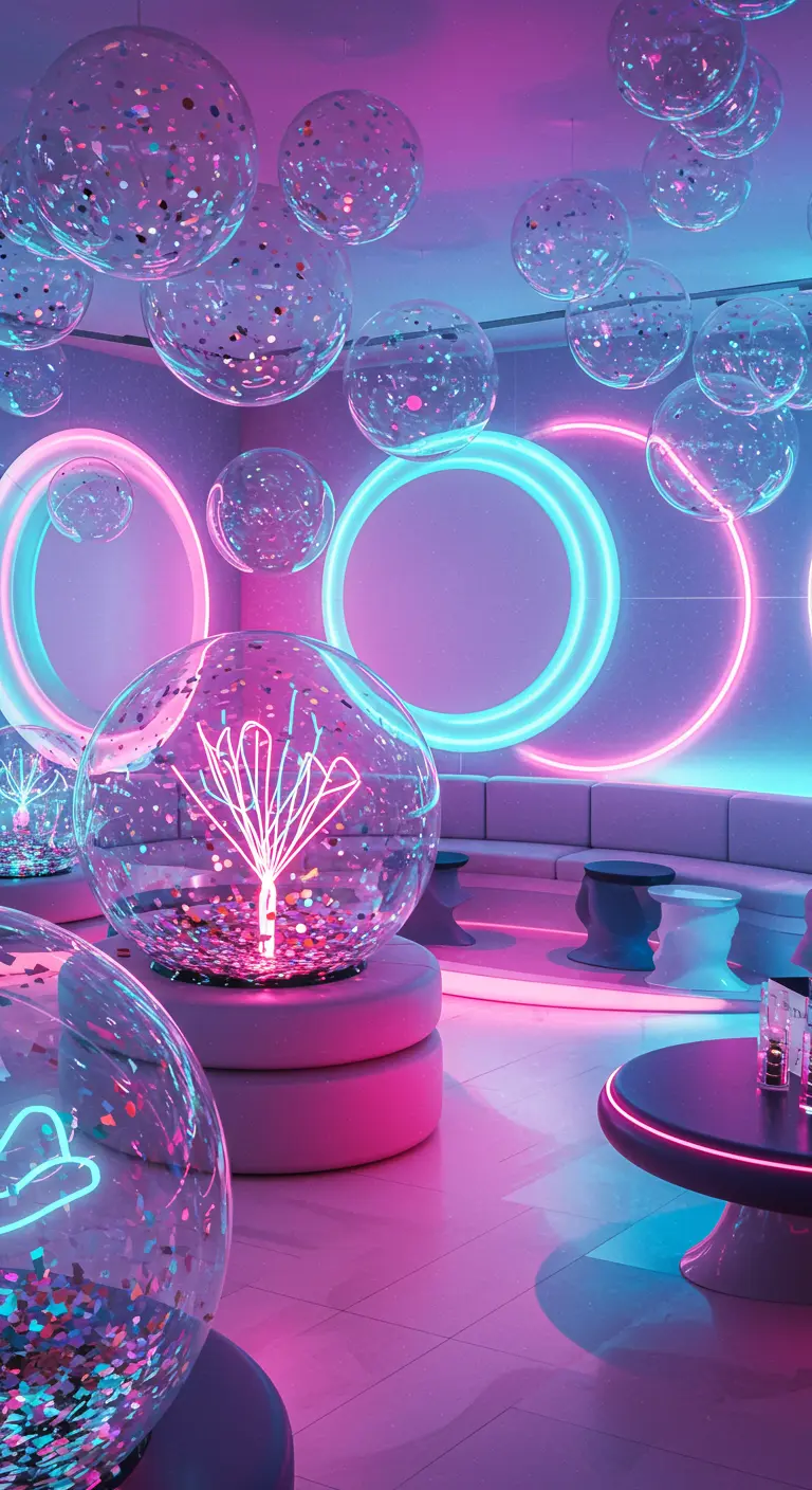 A fun party room with neon rings on the wall and large, confetti-filled transparent spheres.