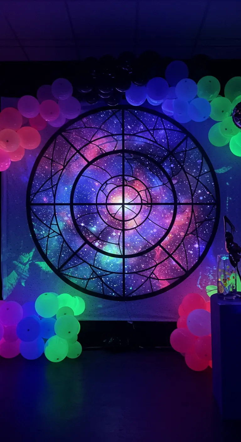A geometric galaxy backdrop glowing under blacklight with neon-colored balloons.