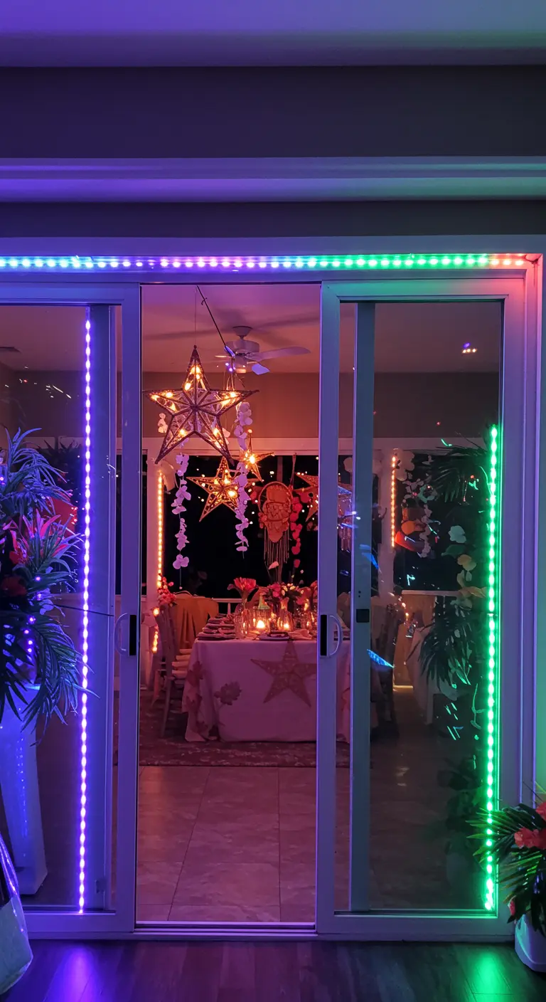 A sliding glass door framed with vibrant, color-changing LED light strips.