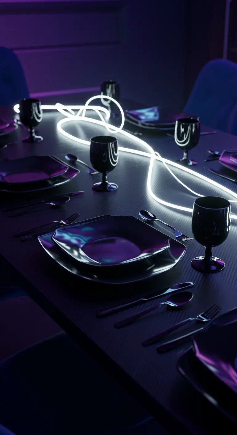 A futuristic black table illuminated by a winding white neon light tube.