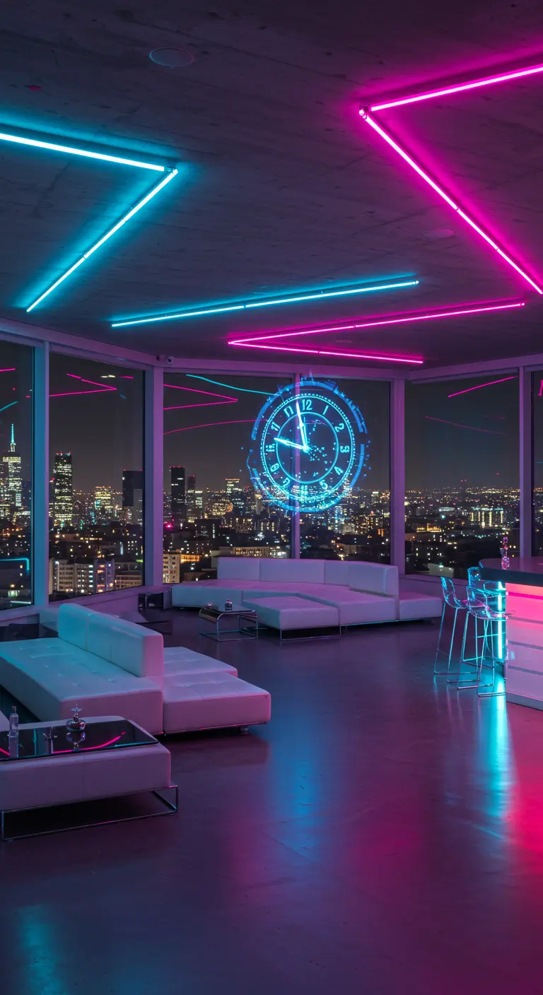 A modern living room with neon lights on the ceiling and a holographic clock projected onto a window.