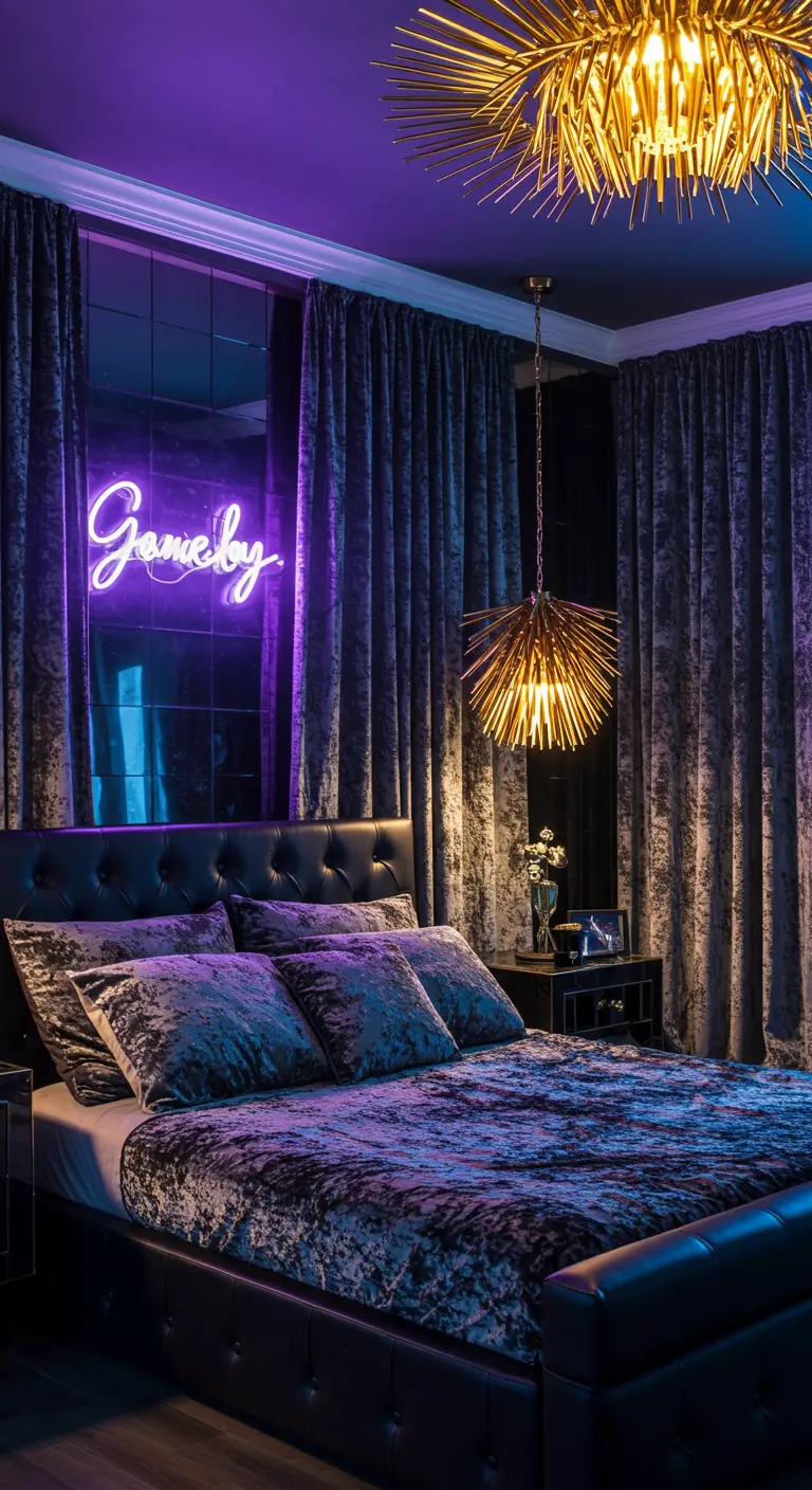 Dark bedroom with crushed velvet bedding, a purple neon sign, and gold sputnik lights.