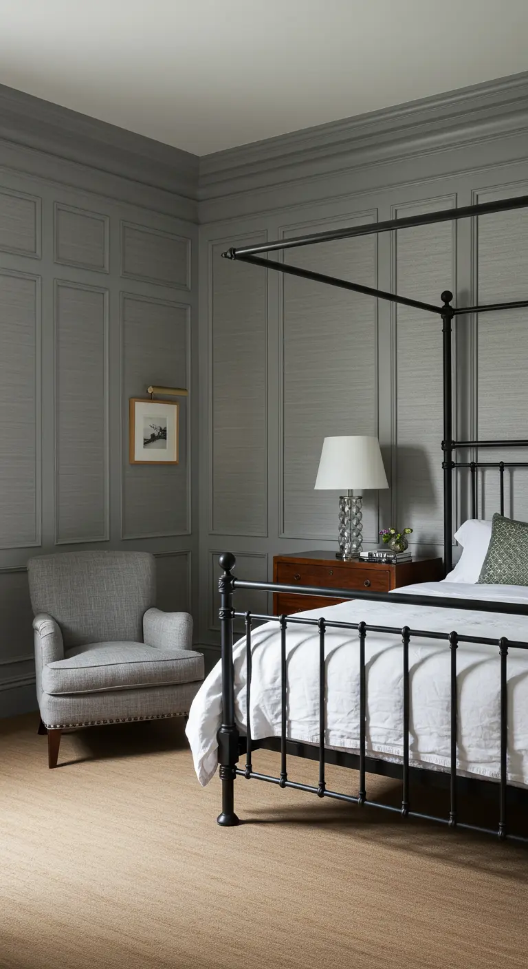 Traditional gray bedroom with paneled walls, a black four-poster bed, and a gray armchair.