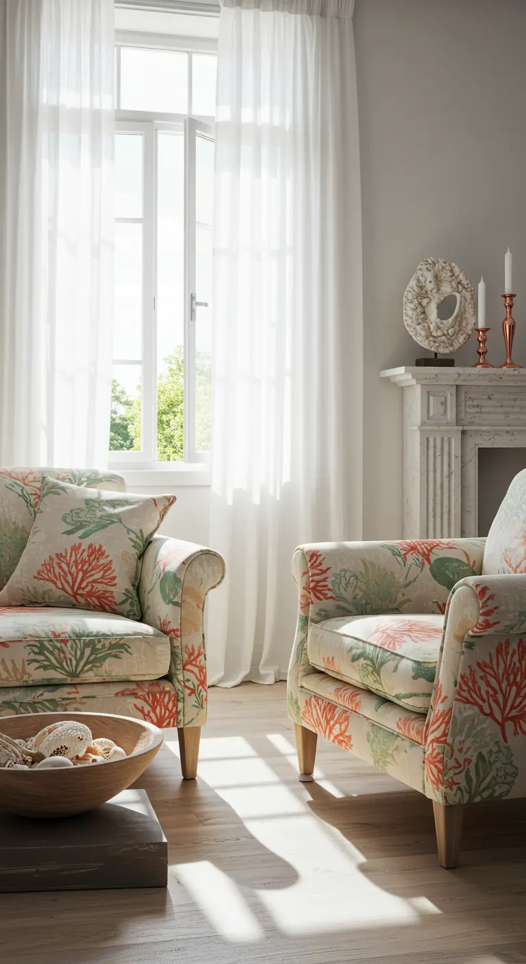 Two armchairs upholstered in a bright orange and green coral-patterned fabric.