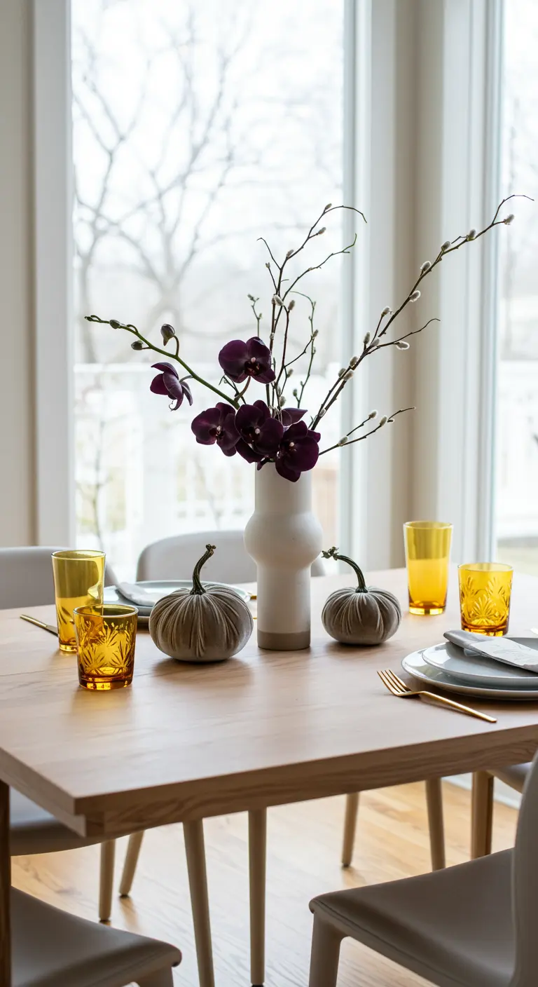 Minimalist fall table with taupe velvet pumpkins and a sculptural floral arrangement.