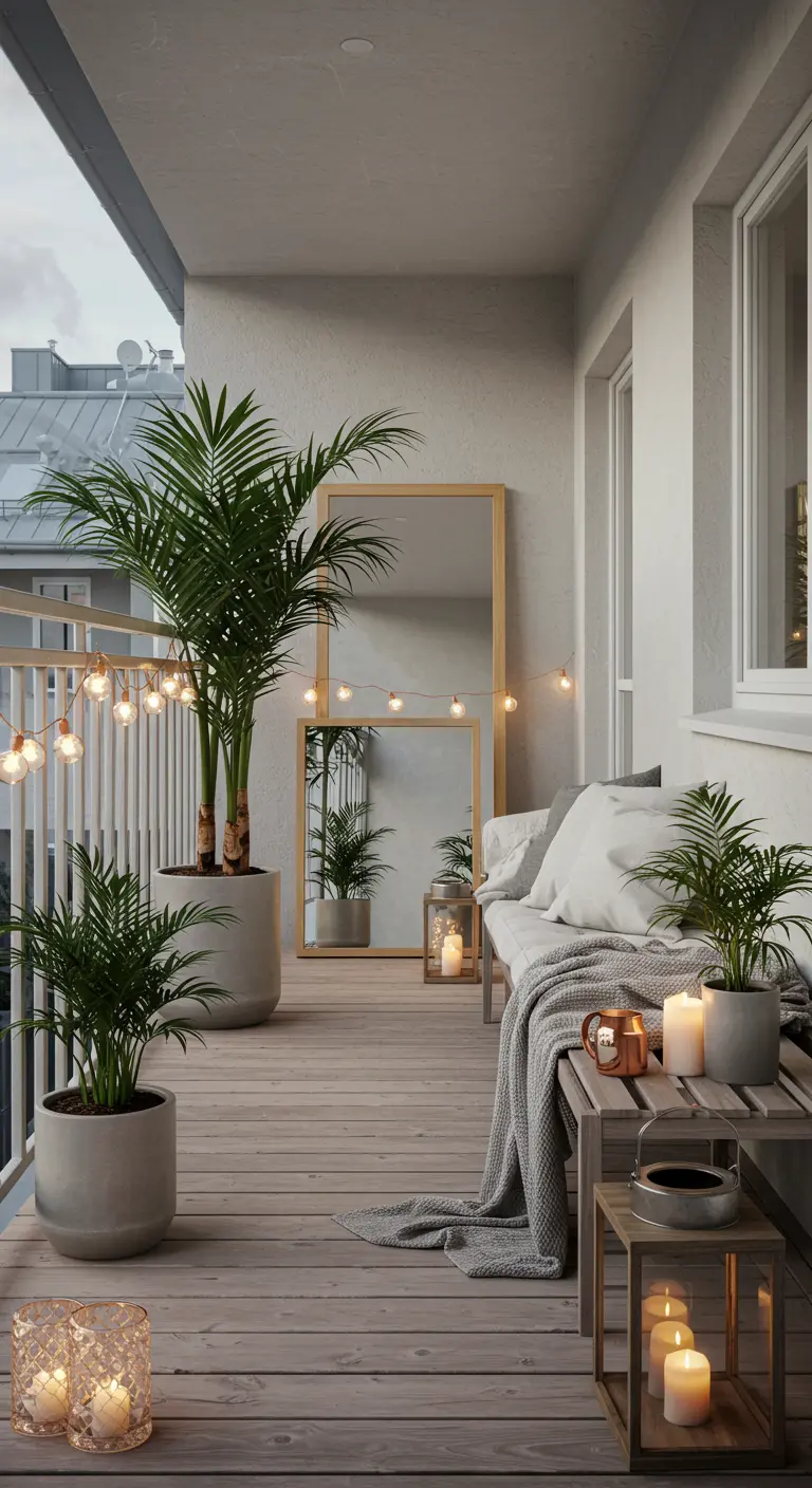 A Scandinavian-style balcony with layered mirrors, grey textiles, and large potted palms.