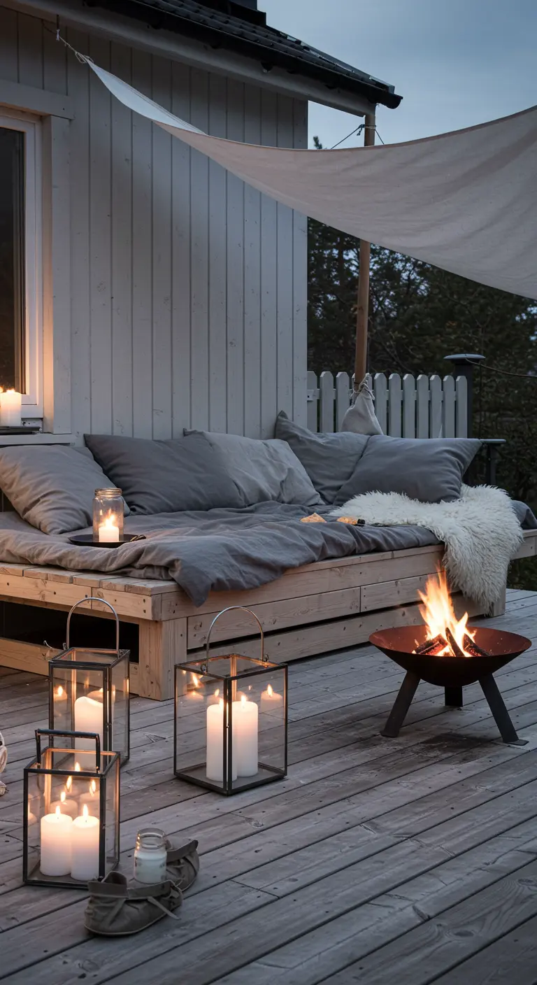 A wooden deck bed with gray linens, lanterns, and a fire pit at dusk.