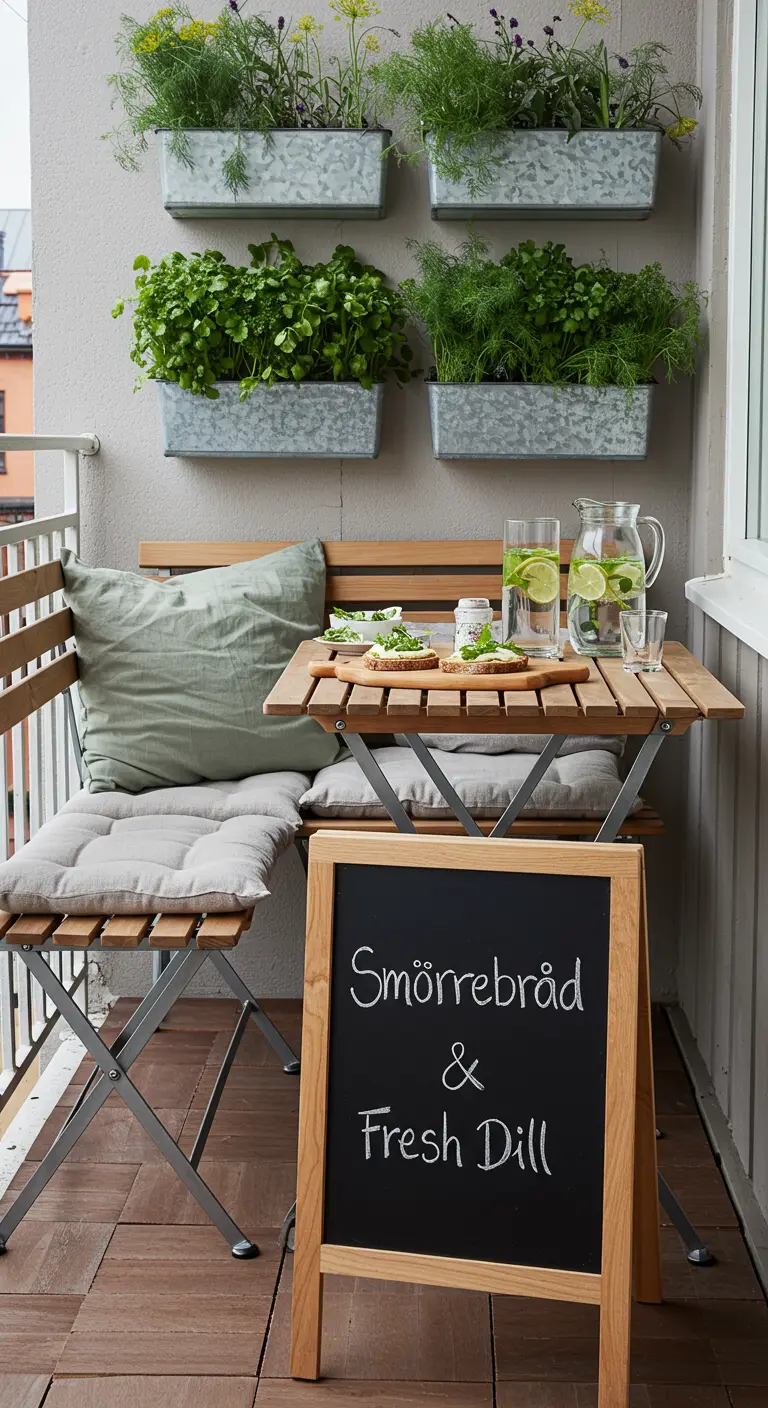 A Scandinavian-style balcony with galvanized herb planters and a table set for smörrebråd.