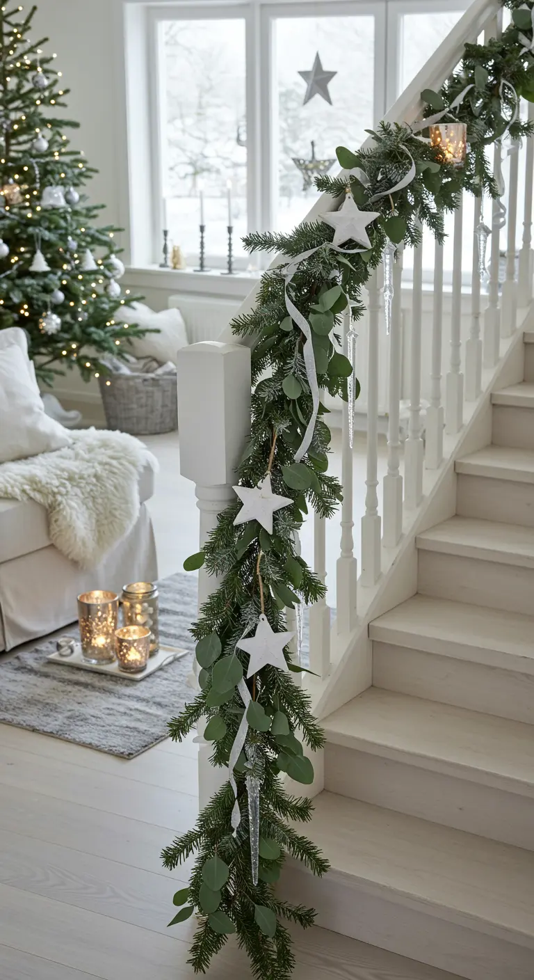 Minimalist staircase with evergreen and eucalyptus garland, white stars, and clear icicle ornaments.