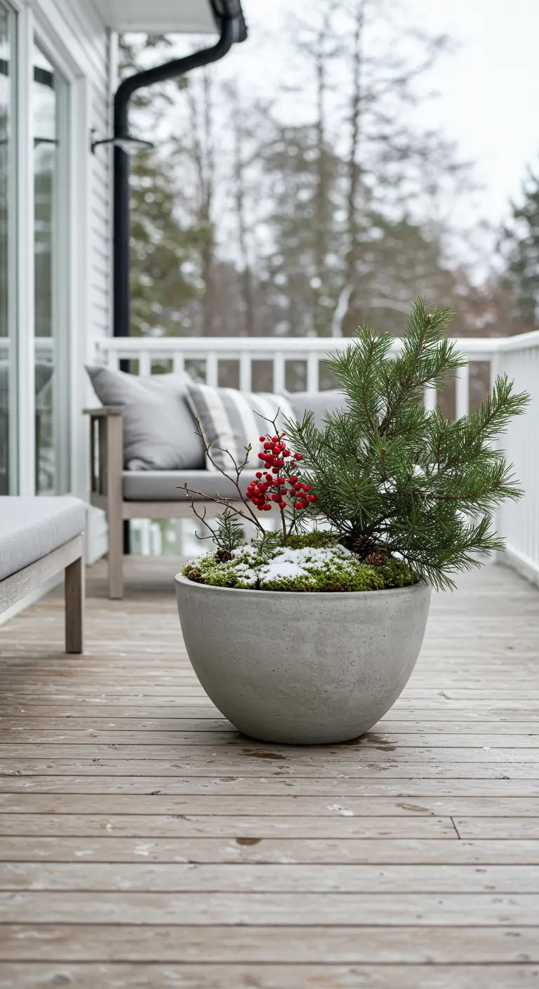 A low concrete bowl planter on a wooden deck with a sparse arrangement of pine, moss, and berries.