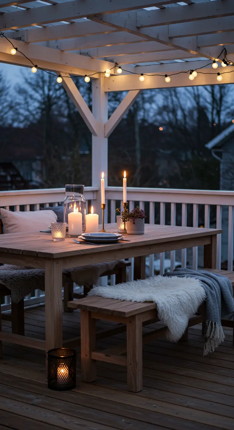 A cozy wooden deck dining set with sheepskin throws, candles, and globe lights.