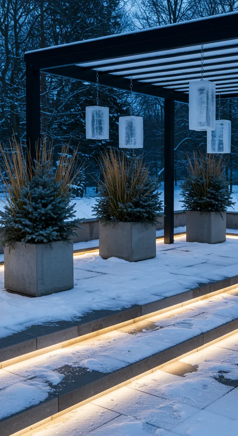 Modern snowy patio with square ice lanterns hanging from a pergola and minimalist planters.