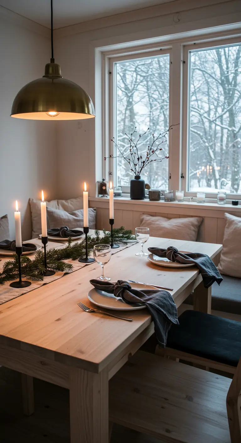 Cozy Scandinavian table setting with candles and evergreen sprigs.