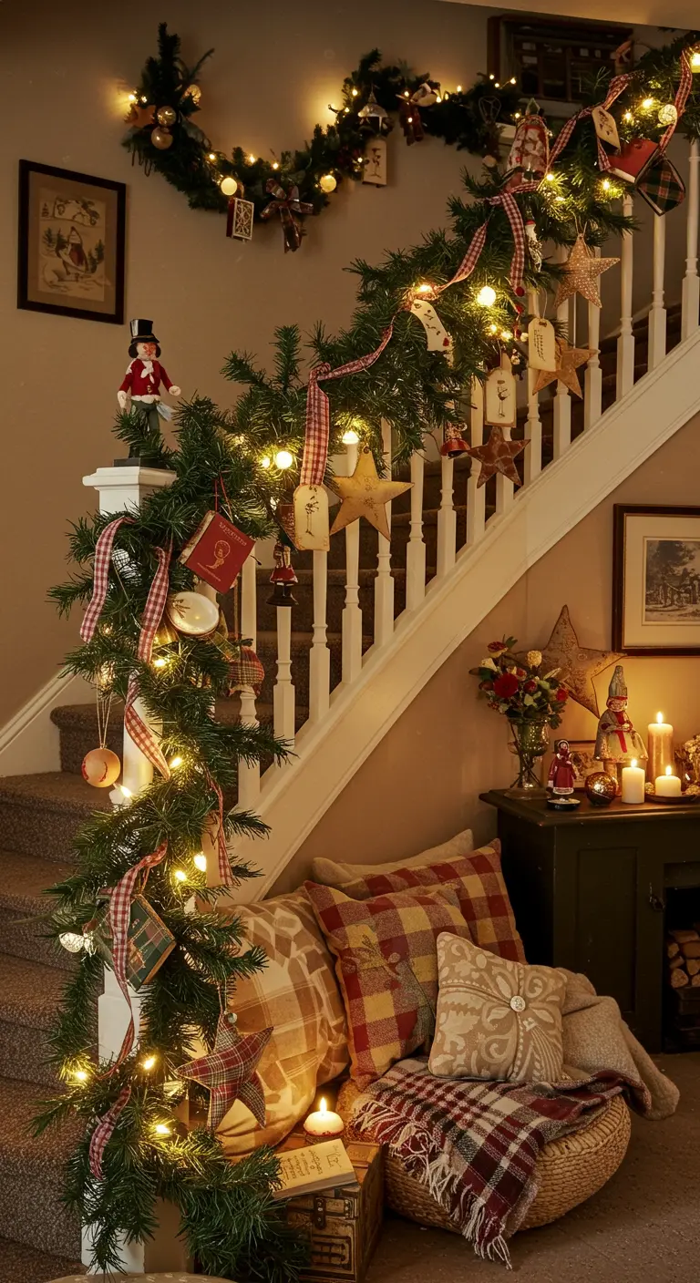 Cozy staircase with evergreen garland, plaid ribbon, vintage ornaments, and warm lights.