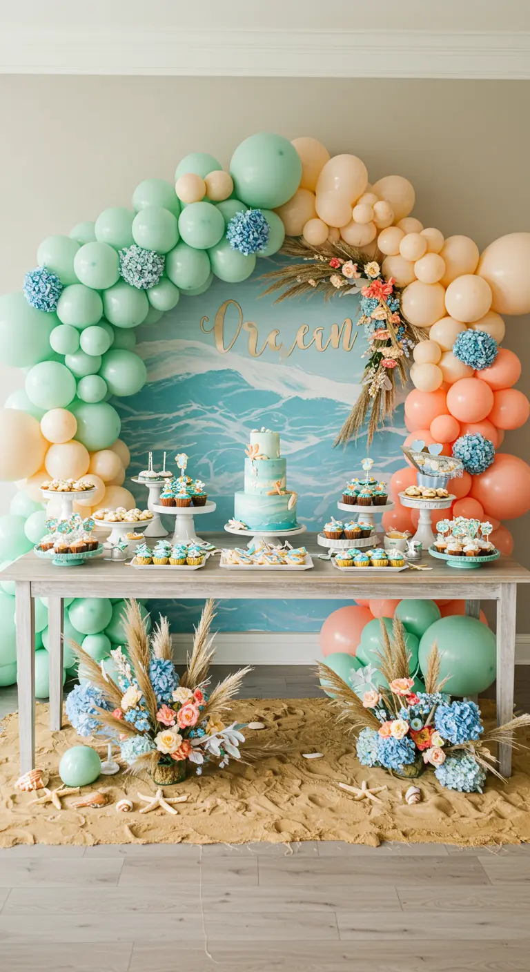 An ocean-themed party with mint and peach balloons, pampas grass, and a wave backdrop.