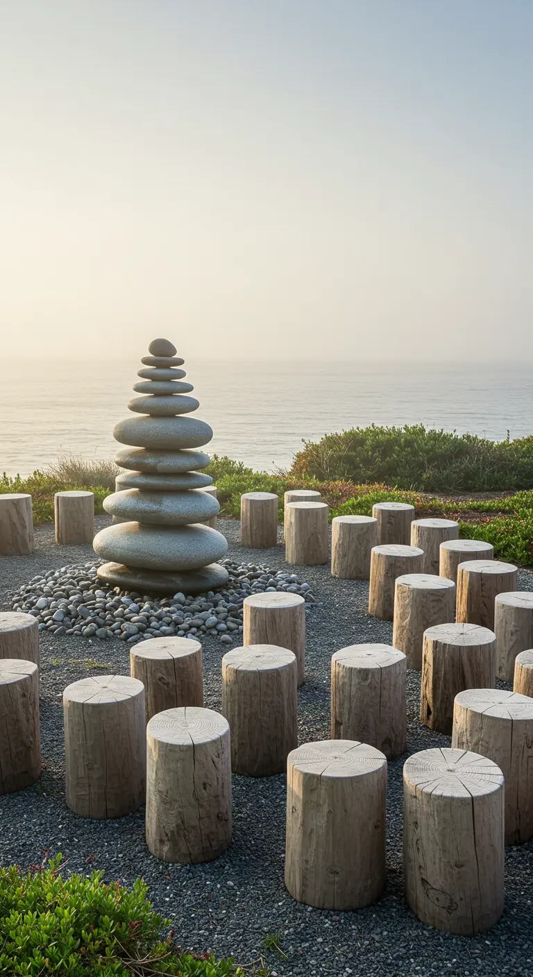 Weathered log stools encircle a tall cairn of stacked stones, overlooking a misty ocean.