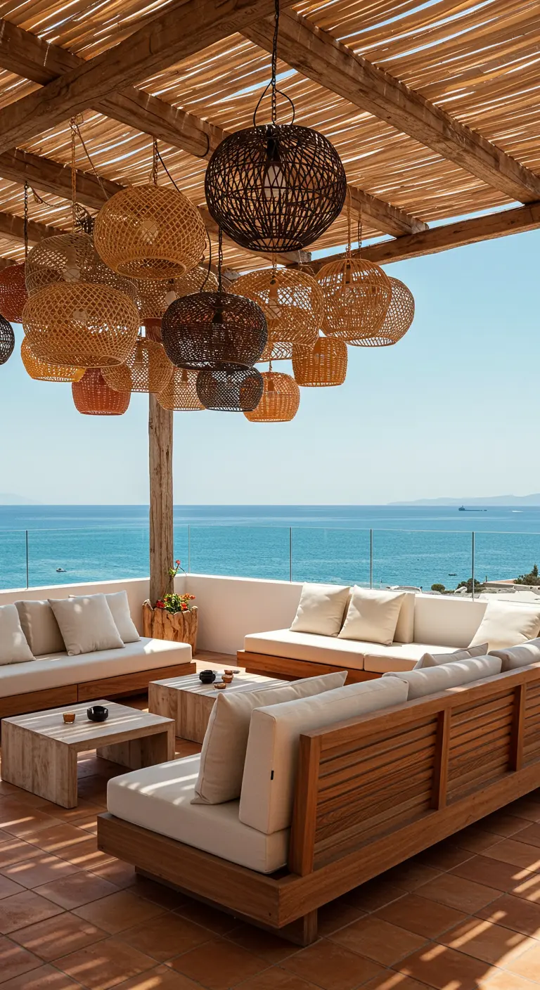 Rooftop terrace with teak sofas and a large cluster of wicker pendant lights overlooking the sea.