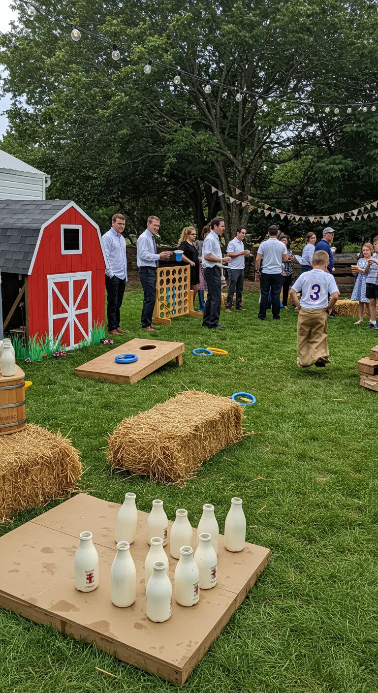 Guests playing lawn games like cornhole and sack races at a barnyard-themed party.
