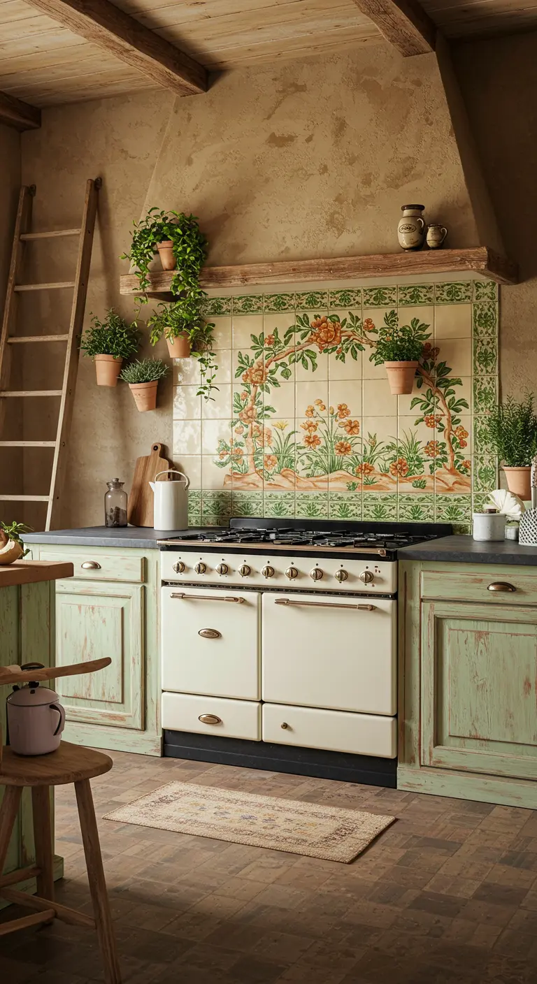 Rustic kitchen with weathered green cabinets and a large floral tile mural over the stove.