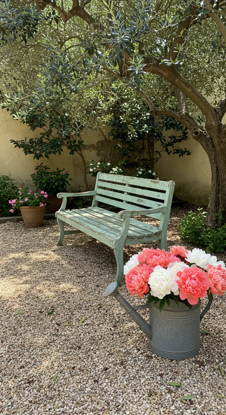 Mint green bench under an olive tree on a gravel patio with peonies in a watering can.