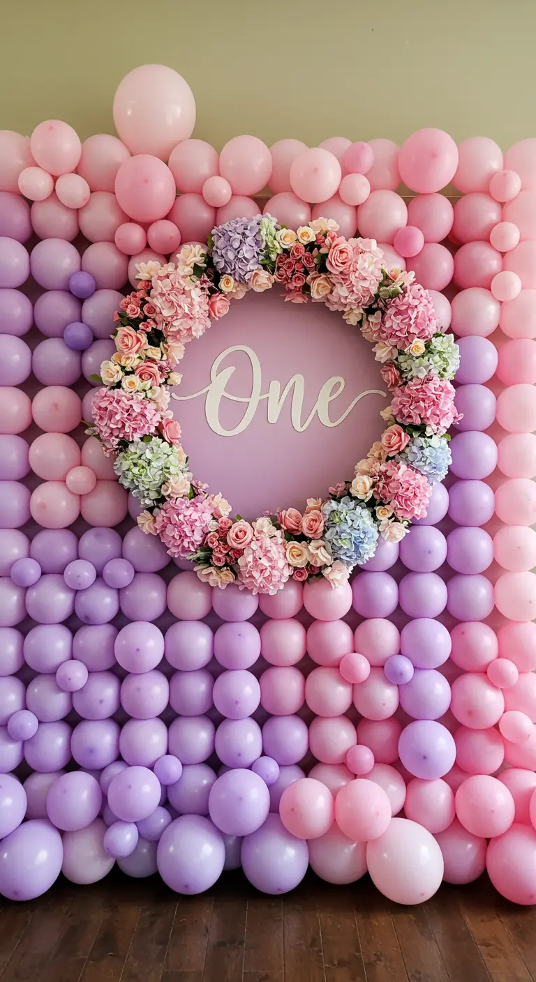 A full wall of pink and purple ombré balloons with a floral wreath in the center.
