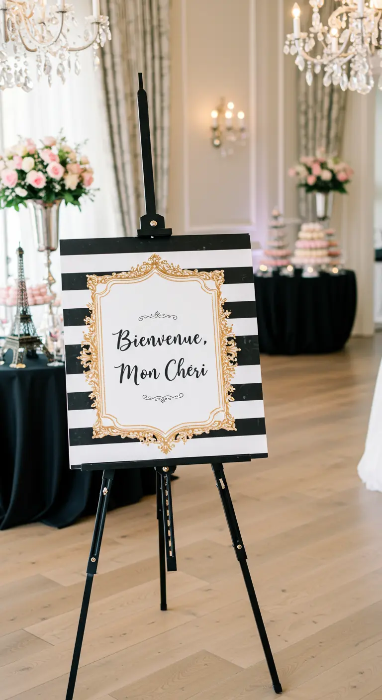 A chic Parisian-themed party sign with black and white stripes and a gold-detailed frame.