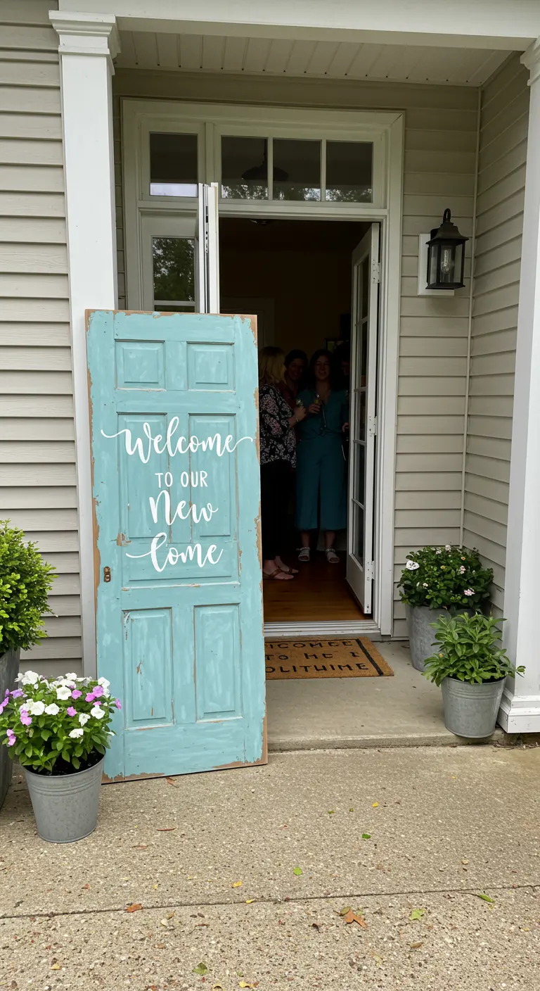 A vintage turquoise door used as a 'Welcome to Our New Home' sign at an entryway.