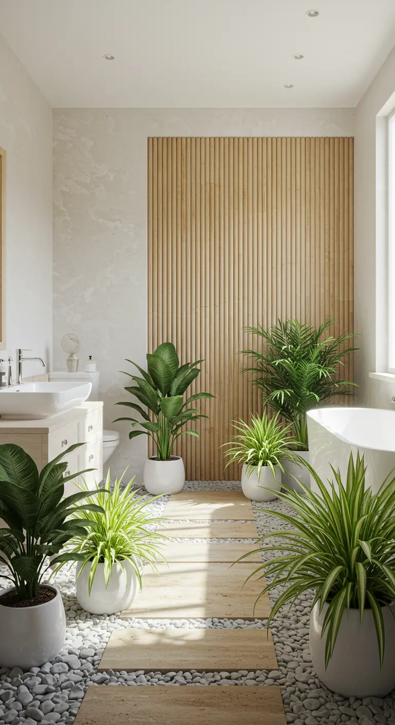 A bright bathroom with white pebbles, light stone pavers, and numerous plants in white pots.
