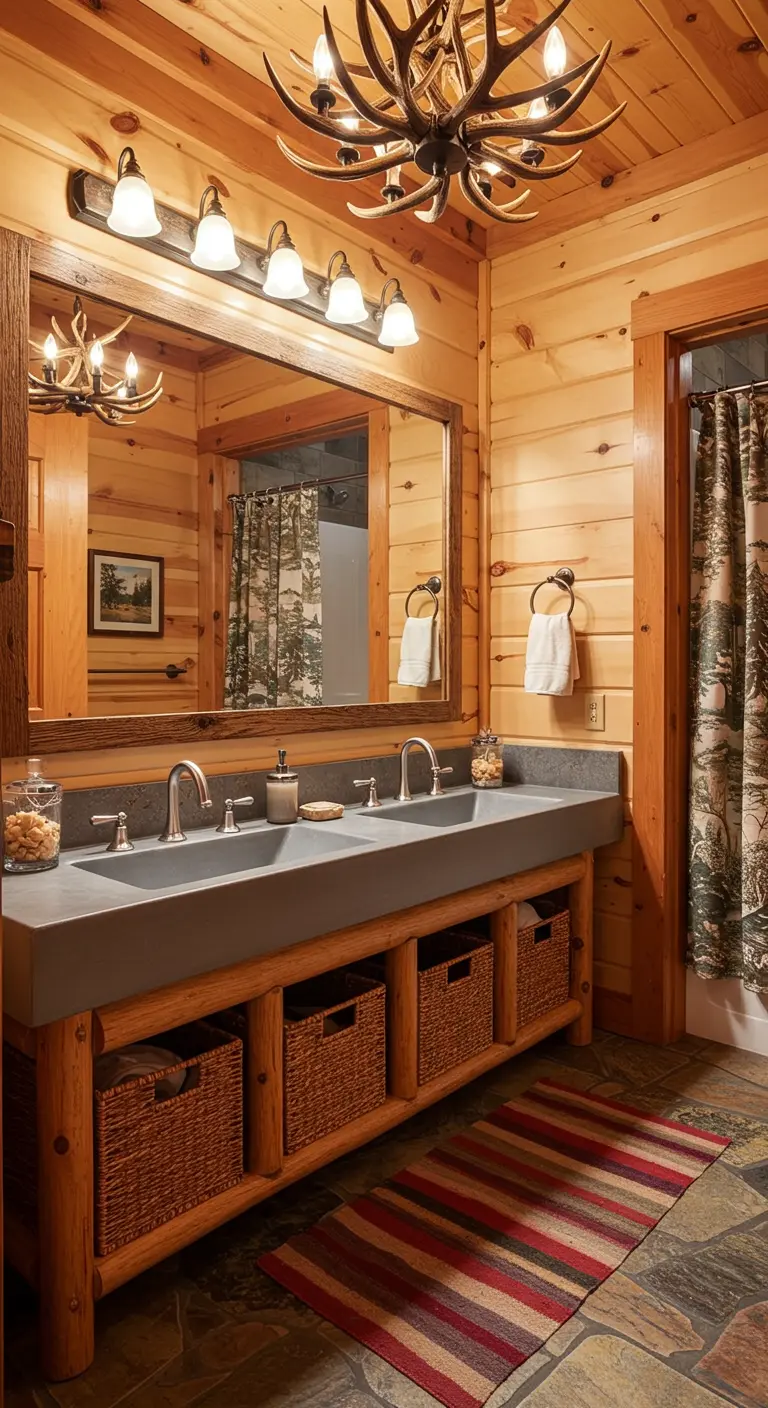 Rustic bathroom with a long concrete trough sink on a log vanity base.