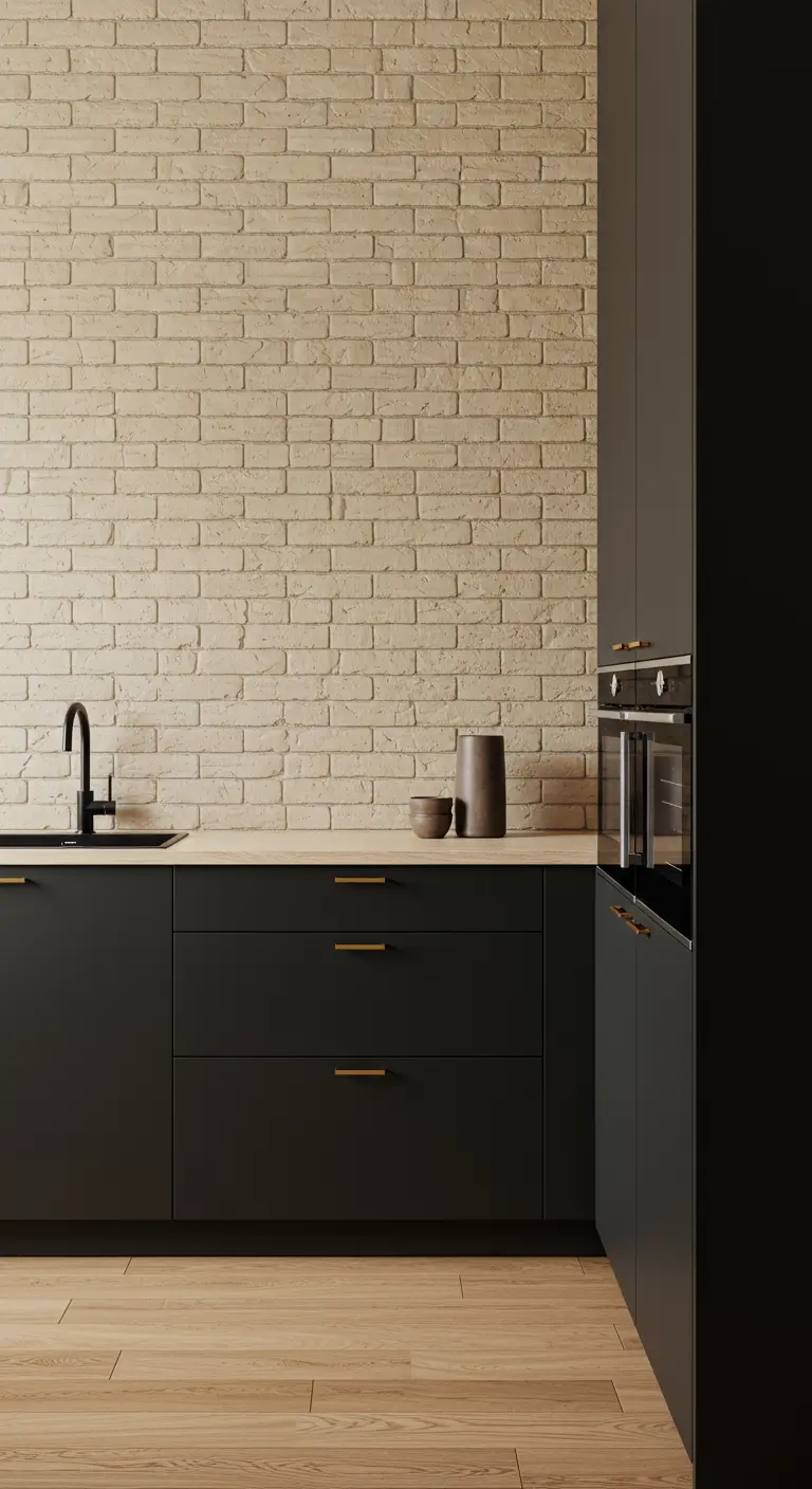 Minimalist kitchen with black cabinets, a light sandy-colored brick wall, and a wood countertop.