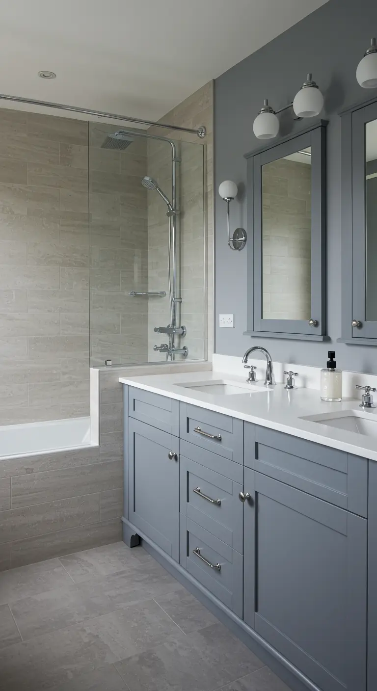 Bathroom with blue-grey shaker cabinets, white countertops, and light grey tiles.