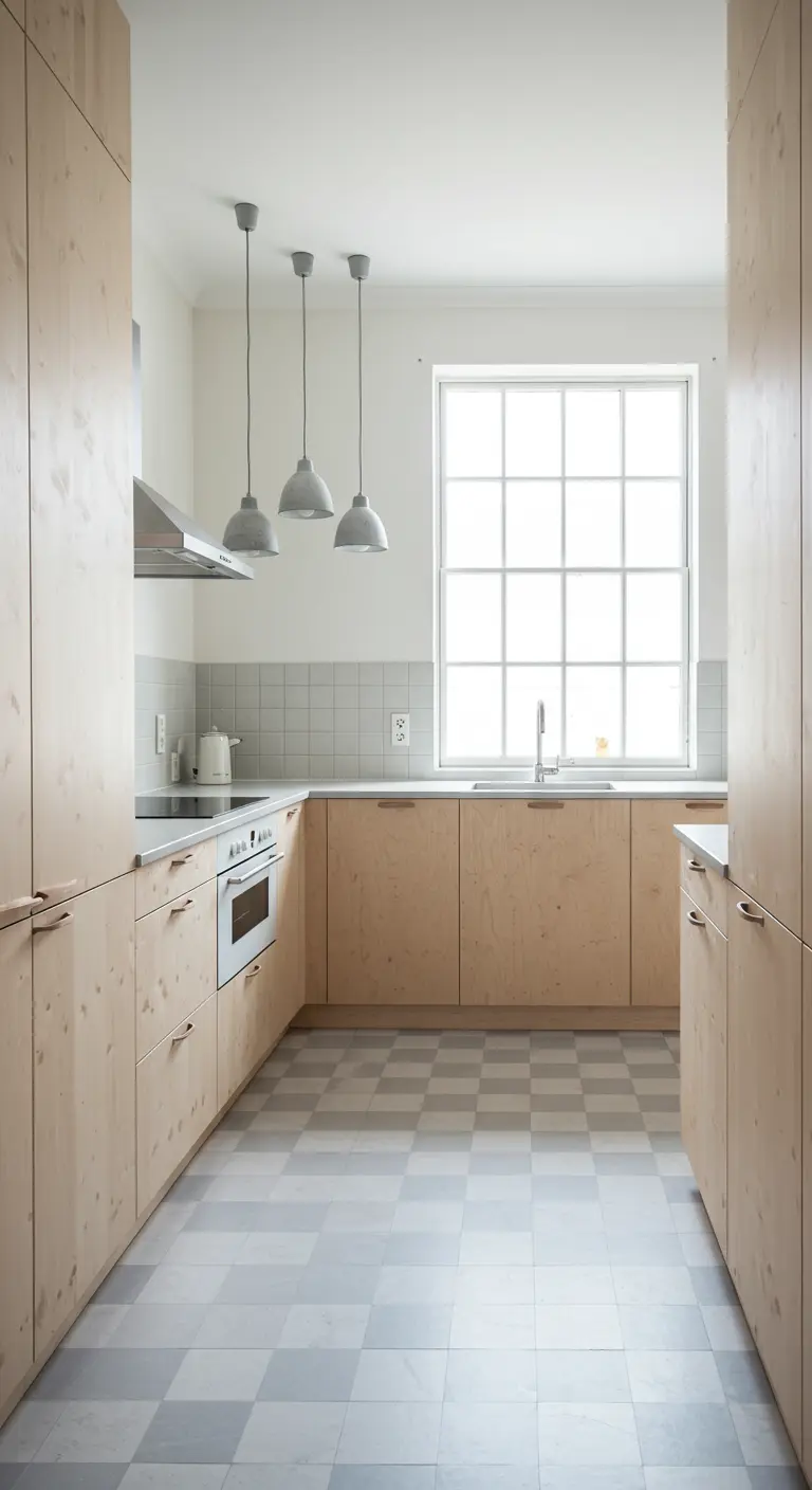 A minimalist Scandinavian kitchen with light wood cabinets and a grey checkerboard floor.