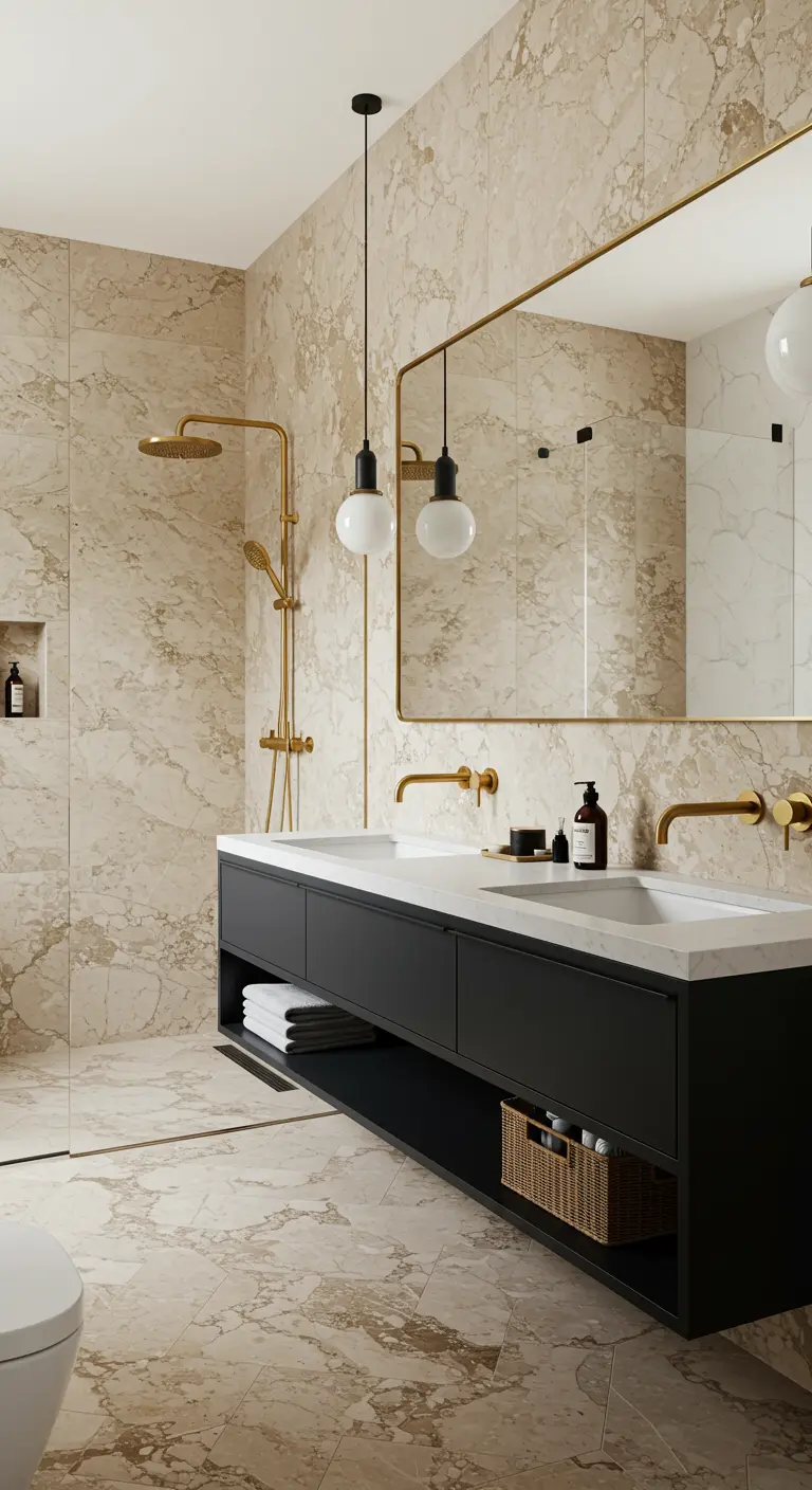 A luxurious bathroom with warm beige marble tiles and a black floating vanity.