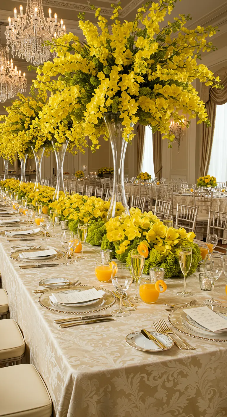 A grand ballroom table with towering vases of cascading yellow orchids and gold-rimmed plates.