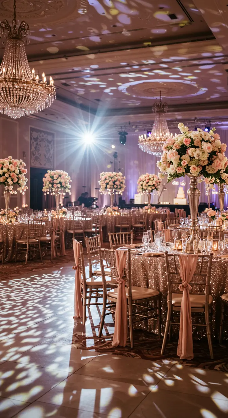A glamorous ballroom with sequin tablecloths, chandeliers, and Moroccan light patterns.