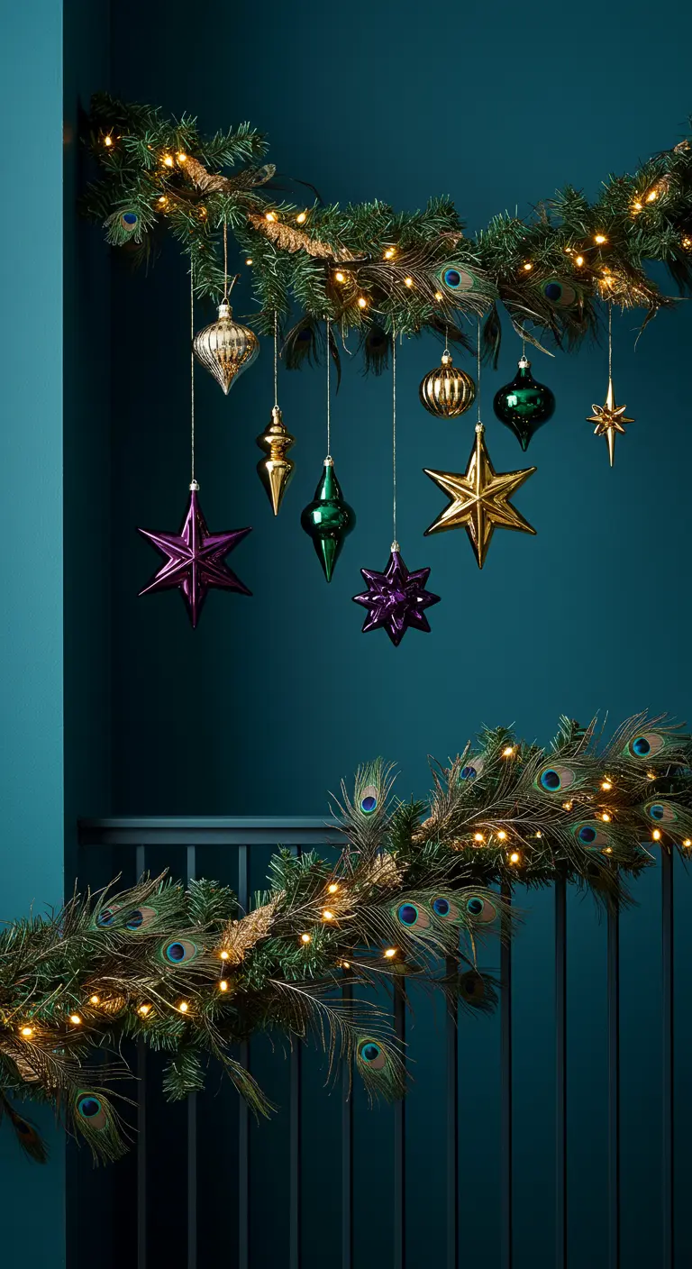 A pine garland is decorated with peacock feathers and jewel-toned ornaments.