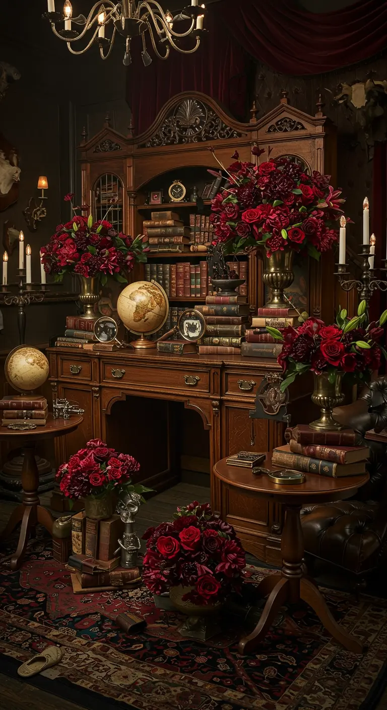 Opulent study with dark wood, red floral arrangements, globes, and candles.