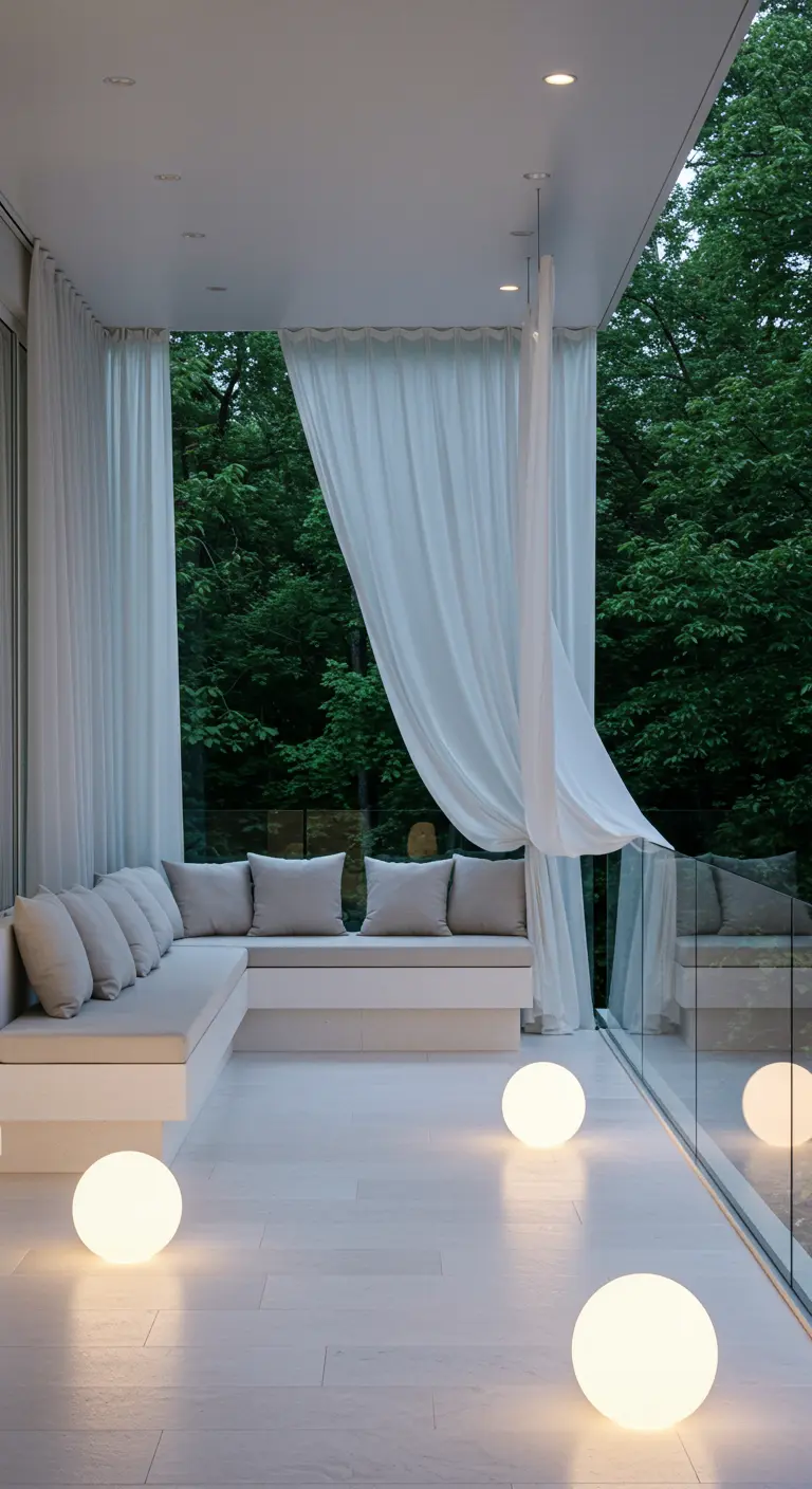 A covered terrace with white seating, sheer curtains, and glowing orb lights on the floor.