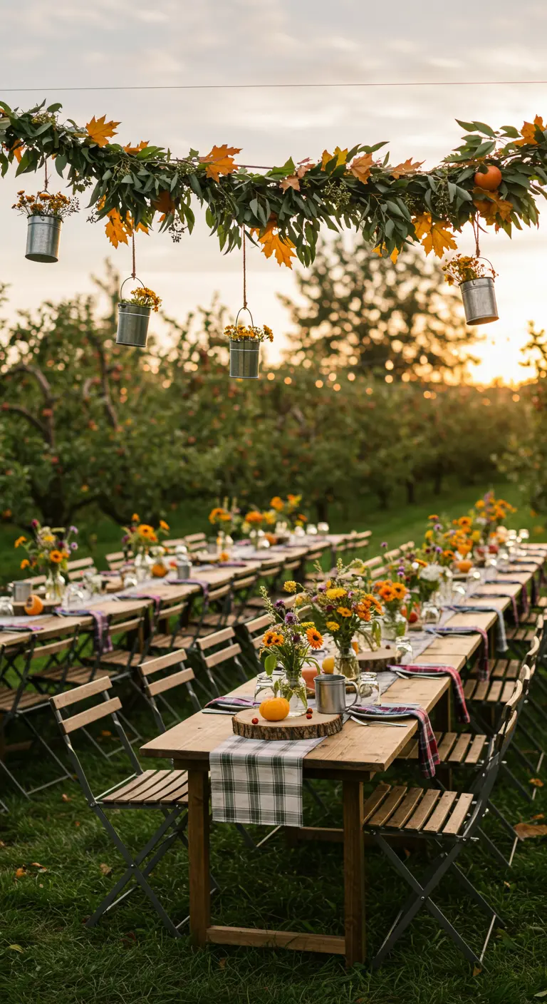 Long tables in an orchard with an autumn garland and hanging metal pails of flowers.