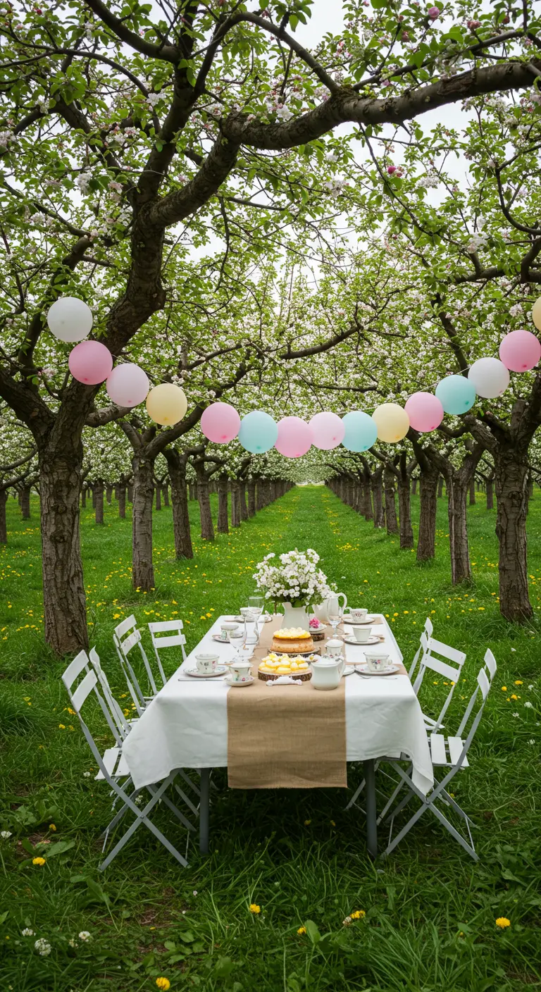 Long table set for a tea party in an orchard with a balloon garland.